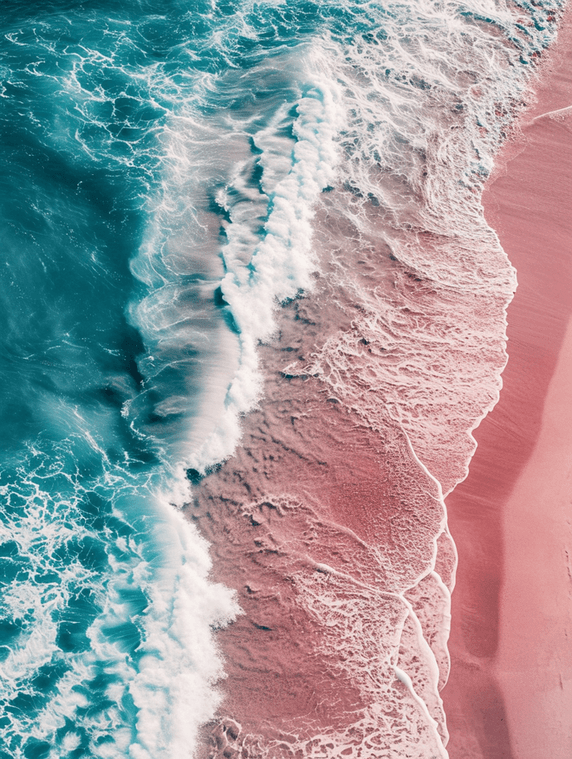 创意航拍俯视大海沙滩浪花的粉色沙滩旅游