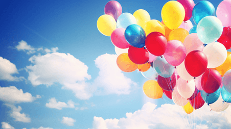 创意蓝天白云下的彩色气球快乐儿童节