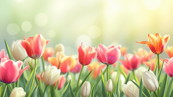 创意春天春季花朵植物郁金香里户外阳光下草坪上花朵开放的背景15