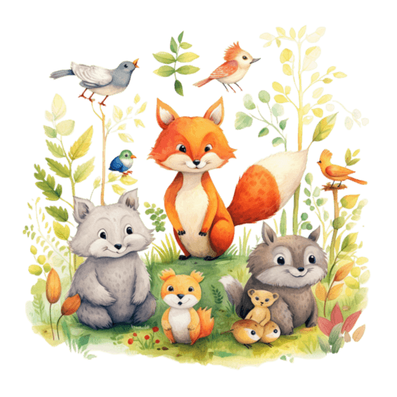 创意ai丛林伙伴小动物绘本可爱童话狐狸元素免抠图案