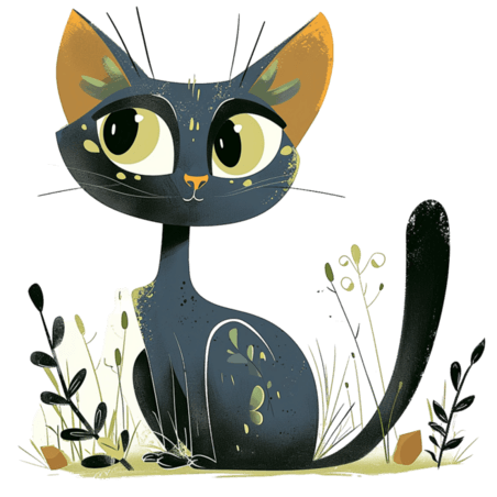 创意卡通手绘春天可爱扁平黑色小猫绿植元素