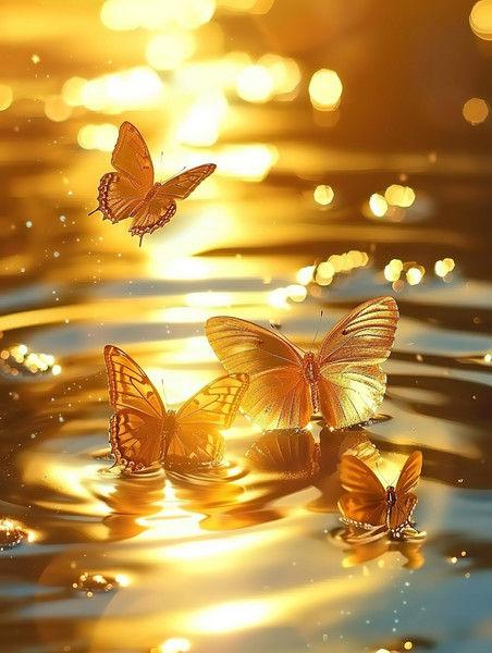金色浪漫壁纸创意水面上闪闪发光橙色的蝴蝶素材