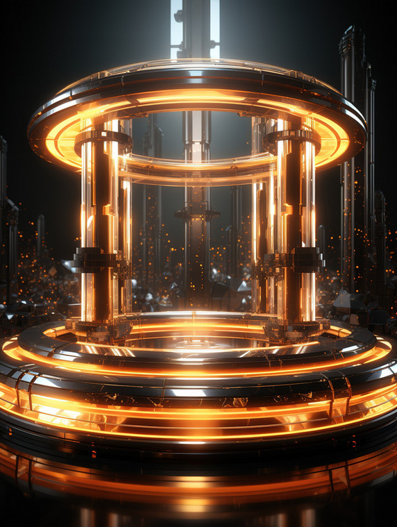 创意橙色圆形矩形发光电商背景科幻通道高科技黑金色背景