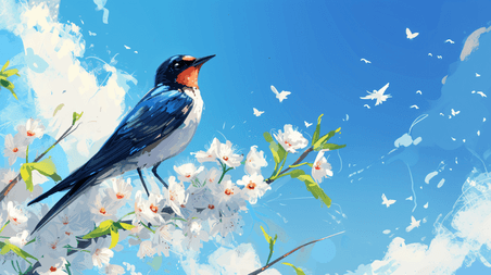 创意春天蓝天白云鸟儿春季天空花鸟