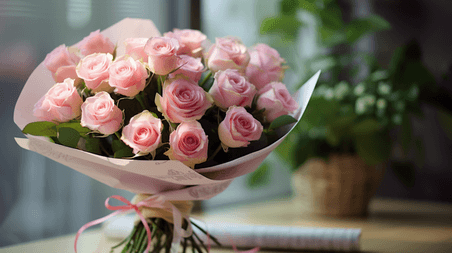 创意情人节一束粉色的玫瑰花植物摄影照片