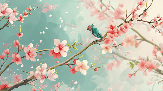 创意手绘彩色大自然风景唯美插画春天春季开花樱花桃花