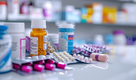 创意药房柜台桌面上的药品药物医疗
