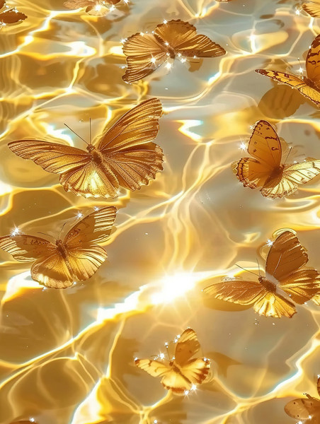 创意水面上闪闪发光橙色金色浪漫壁纸的蝴蝶插图