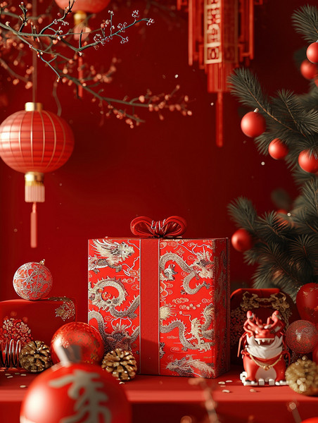 创意新年礼盒包装新年春节大促背景年货商品