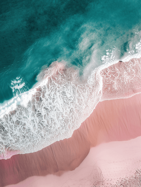 创意航拍粉色沙滩旅俯视大海沙滩浪花的场景图