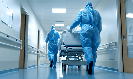 创意穿防护服推着病床奔跑的医护人员背影外科手术室病床急救