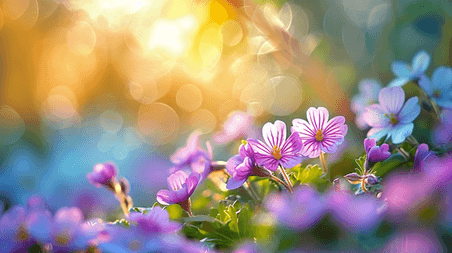 创意春天阳光下户外草坪上美丽花朵开放背景5