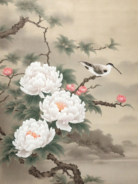 中国风花鸟创意古风国风国画春天牡丹图插画