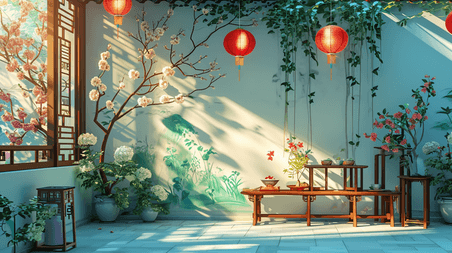 创意手绘古色古风古建筑庭院中国风四合院游戏场景
