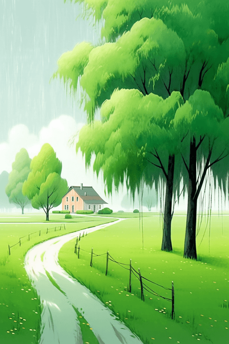 创意春天绿草地绿树手绘海报唯美矢量插画