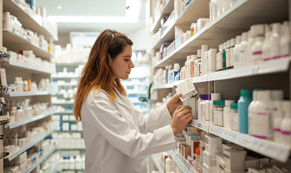 创意医疗在药店里工作的药剂师欧美人像药店药物药品货架