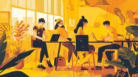 创意办公室青年男女工作黄色扁平风插画
