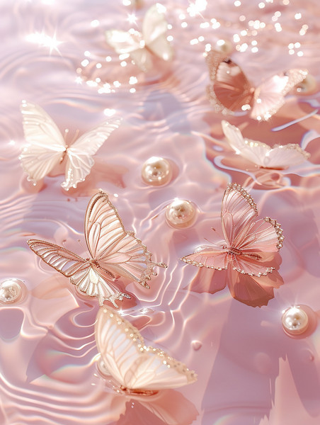 创意粉色浪漫壁纸水池中珍珠水晶蝴蝶淡粉色插画设计
