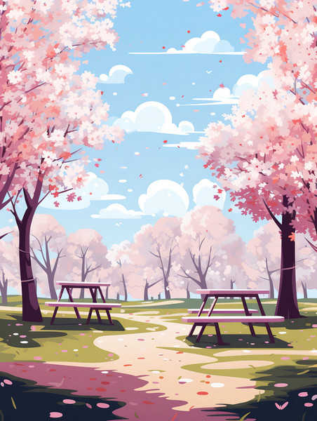 创意樱花树下卡通文艺春天长椅野餐图片