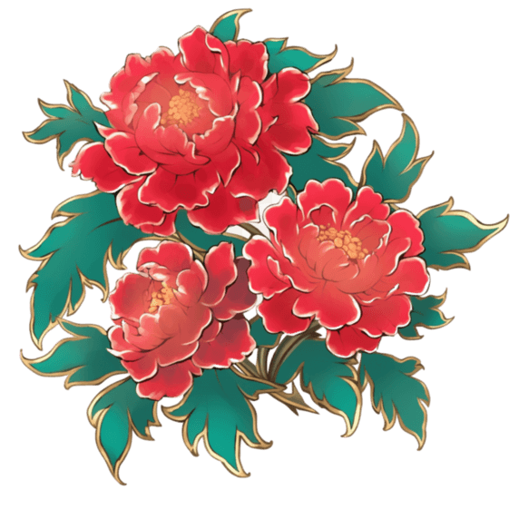 创意鎏金国潮金线描边植物红牡丹花水彩画新年节日元素