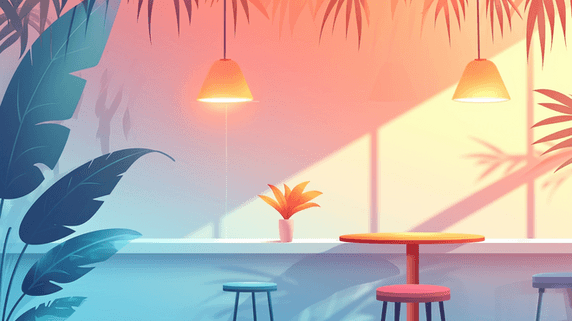 创意夕阳余晖撞色扁平酒吧餐饮店插画28