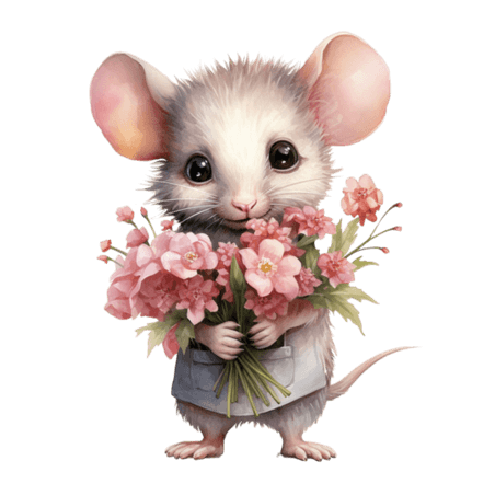 创意拟人卡通送花绘画花朵和老鼠元素免抠图案