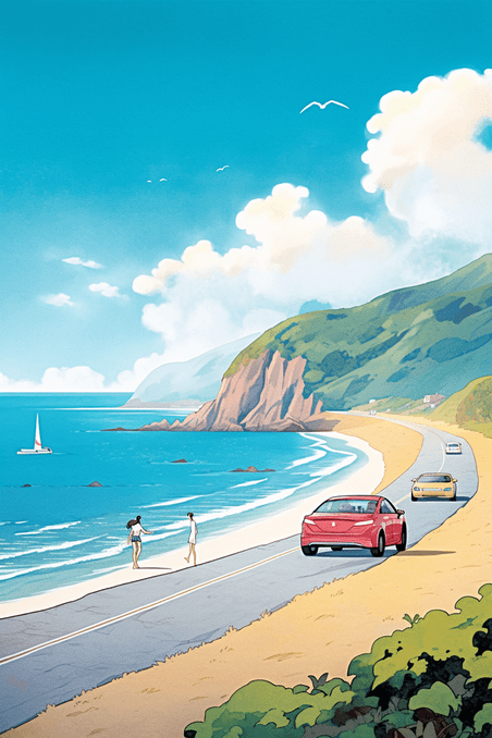 创意春天唯美海边度假旅游海岸线风景插画