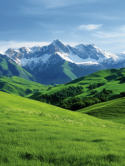创意阿尔卑斯山鲜绿色的草地和白雪皑皑的山峰风景
