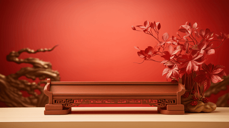 创意春节年货电商中式中国风红色展台展示场景112