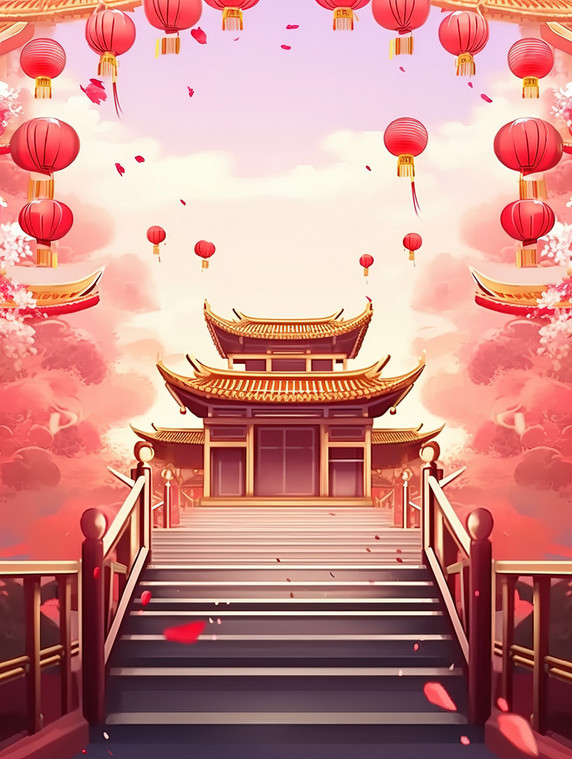 创意新年壁纸喜庆建筑春节中国风国潮灯笼图片