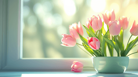 创意春天植物郁金香窗台上阳光照射下美丽花朵背景14