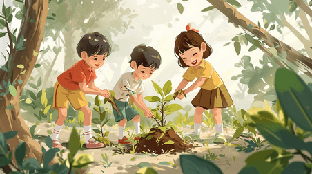 创意植树节小朋友栽树插画卡通环保植树种树