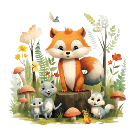 创意装饰丛林伙伴小动物绘本可爱童话狐狸元素免抠图案