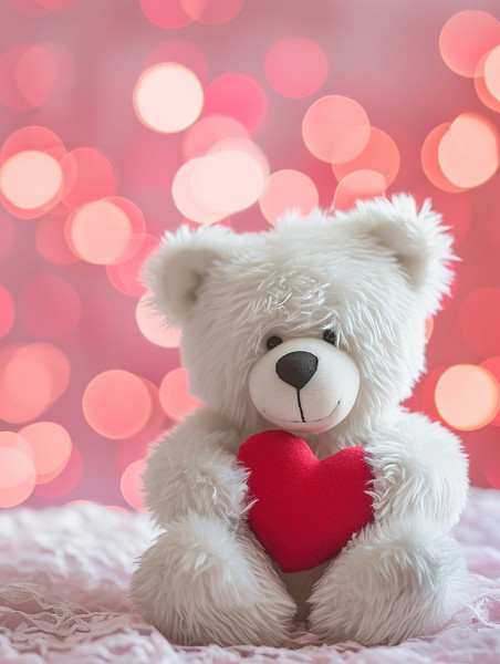 创意白色毛绒小熊抱着爱心情人节背景