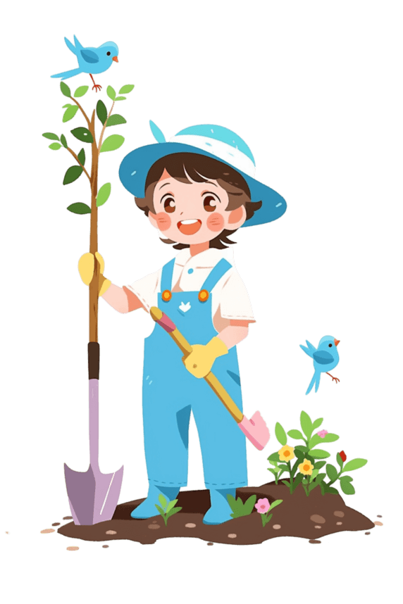 创意春天女孩植树种树植树节儿童卡通人物卡通手绘元素
