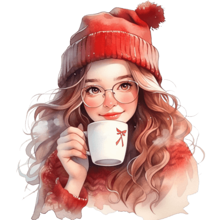 创意冬天新年可爱女孩咖啡温暖头像手绘元素