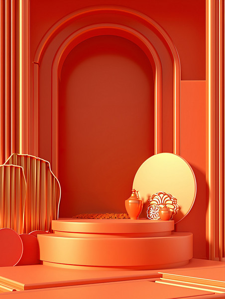 创意橙色舞台春节电商新年3D背景
