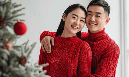 创意春节情侣装红色毛衣亚洲夫妻人像摄影24