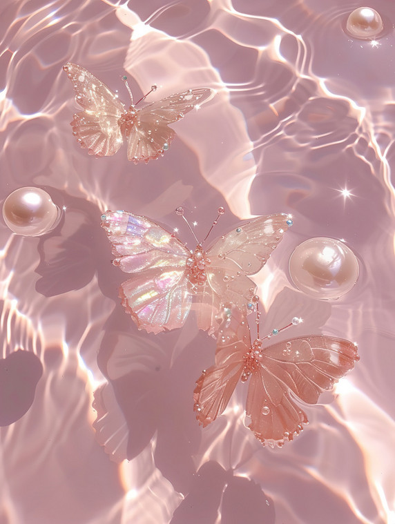 创意水池中珍珠水晶蝴蝶淡粉色插画粉色浪漫壁纸