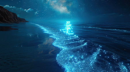 创意海边蓝眼泪海洋大海旅游夜景水母发光