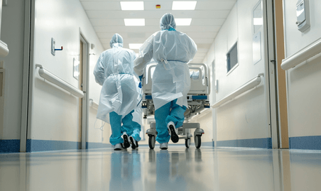 创意穿防护服推着病床奔跑的医护人员背影外科手术室病床急救