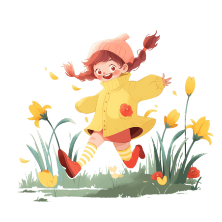 创意儿童可爱女孩奔跑花丛卡通春天手绘元素