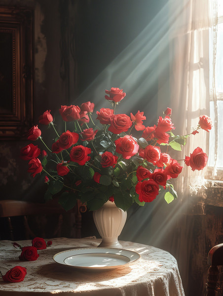 创意浪漫情人节桌子上摆满玫瑰背景图