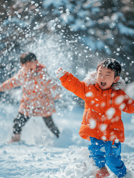 创意雪地上玩雪的儿童冬天冬季打雪仗亚洲人像
