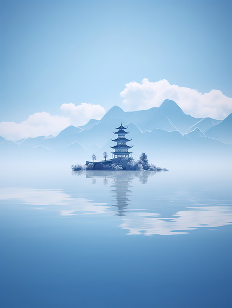 创意水中山景传统建筑中国风意境山水原创插画
