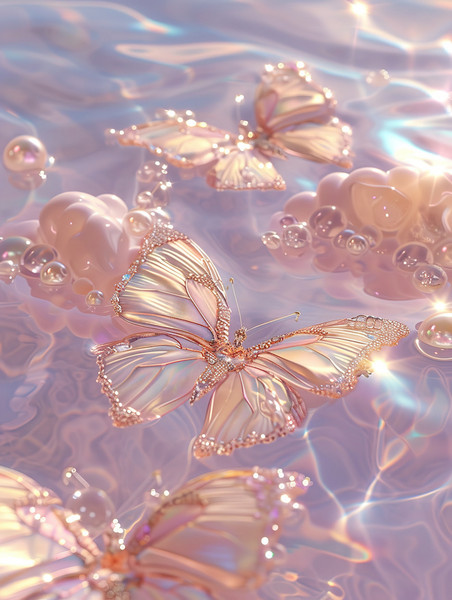 紫色浪漫壁纸水池中珍珠水晶蝴蝶淡粉色插画素材