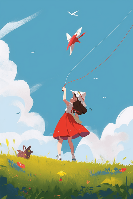 创意春天插画可爱女孩放风筝手绘园游玩纸鸢插画
