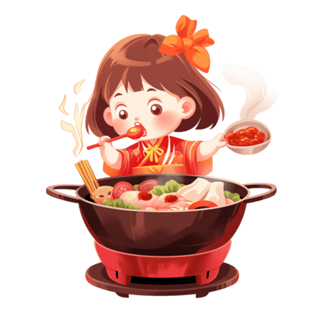 创意可爱卡通手绘小孩吃火锅春节吃货节美食