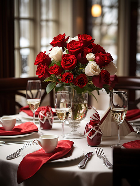 创意情人节餐厅布置玫瑰花浪漫约会香槟