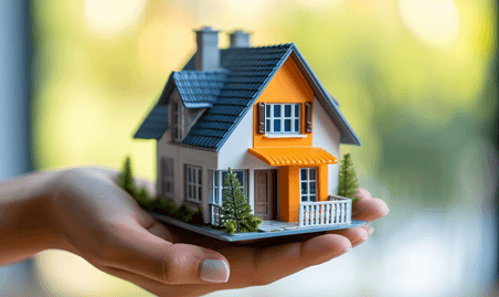 创意贷款房产在手里托住房子资产贷款房贷模型特写